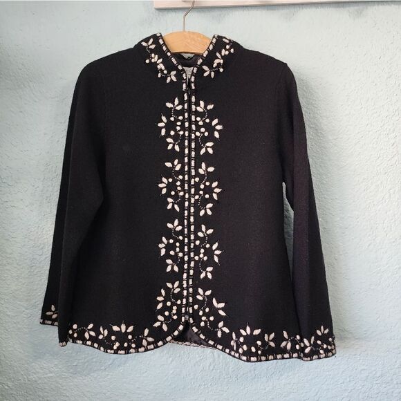 Coldwater Creek embrodery beaded 100% wool cardigan zip up - Picture 1 of 11